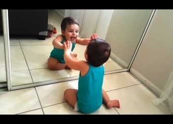 Bebês se divertindo na frente do espelho pela primeira vez.